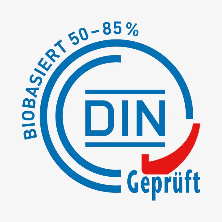 DIN geprüft Siegel, biobasiert 50-85%, blau-rot, Qualitätsnachweis für Folien