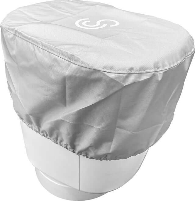 Wasser-Schutzhaube für Clesana Toilette C1 aus grauem PES Gewebe, mit hohem Wasserschutz von 2000 mm.