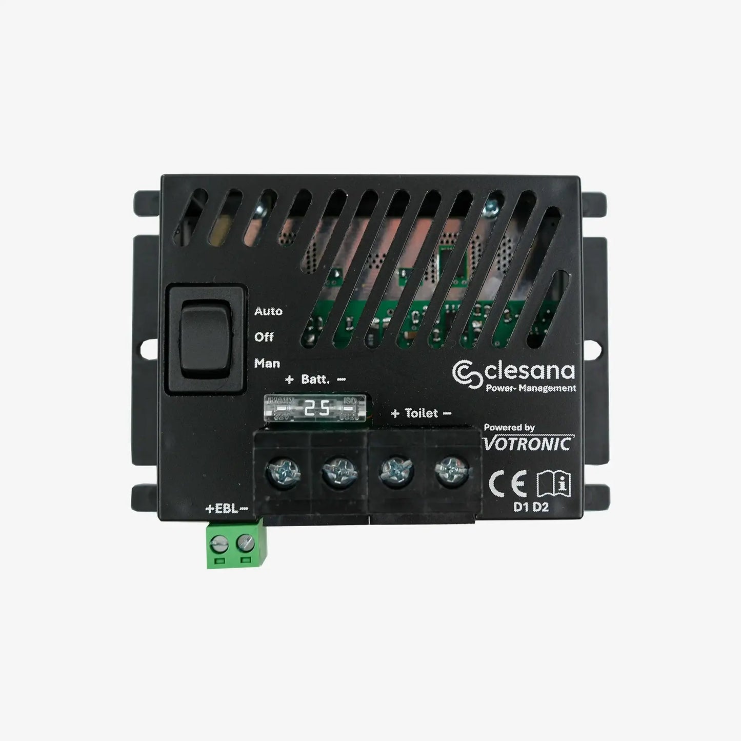 Clesana Power-Management device for efficient power management in toilets by Votronic, minimizing standby energy use.