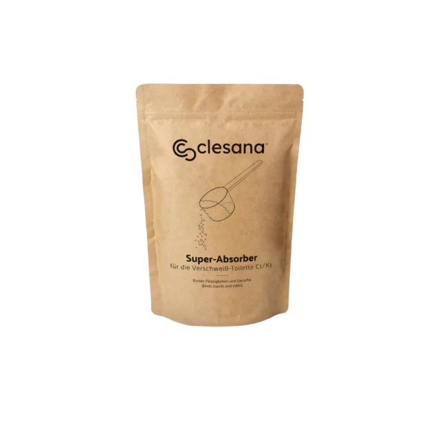 Clesana Absorber Granulat 1kg im braunen Beutel für Verschweiß-Toilette, Aufdruck sichtbar