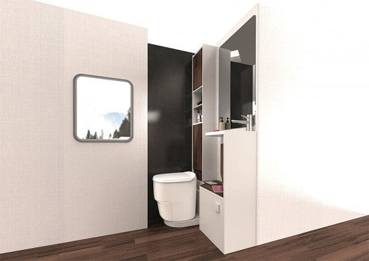 Moderne Folien Trenn Toilette C1 in hellem Badezimmer mit Fenster und Holzfußboden
