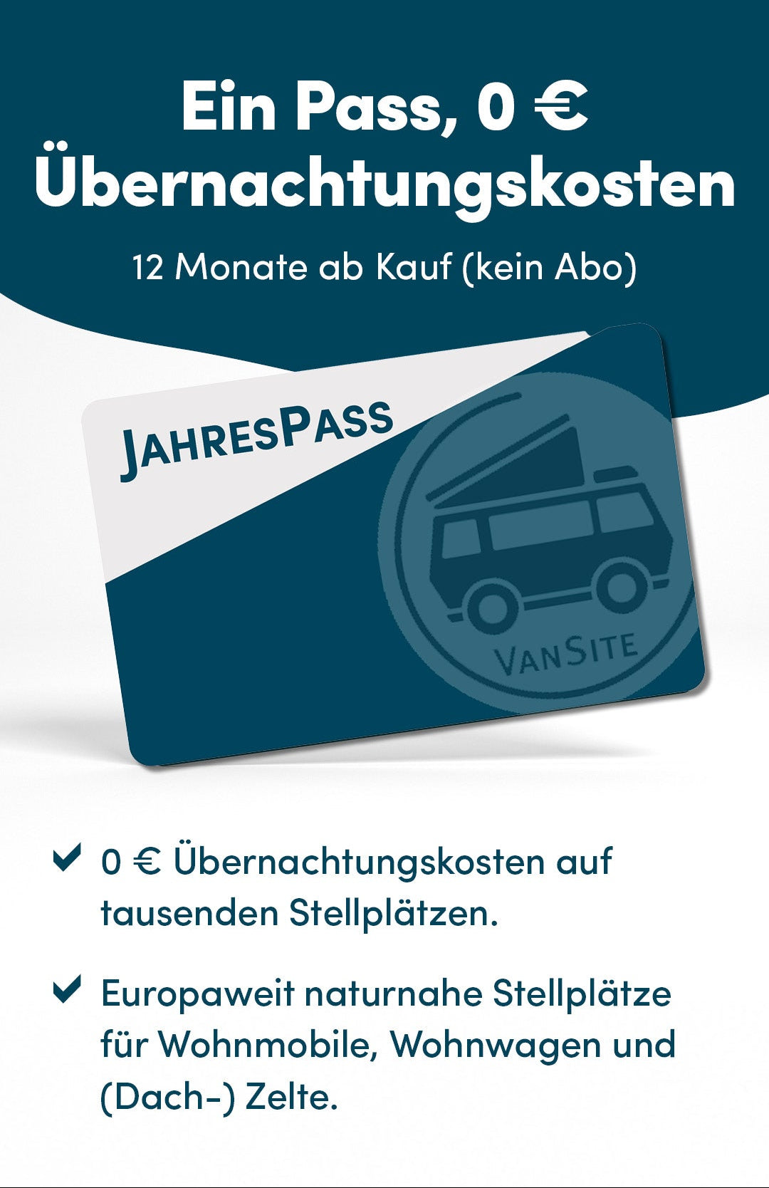 Jahrespass VanSite, 0 € Übernachtungskosten für Wohnmobil-Stellplätze, naturnah campen