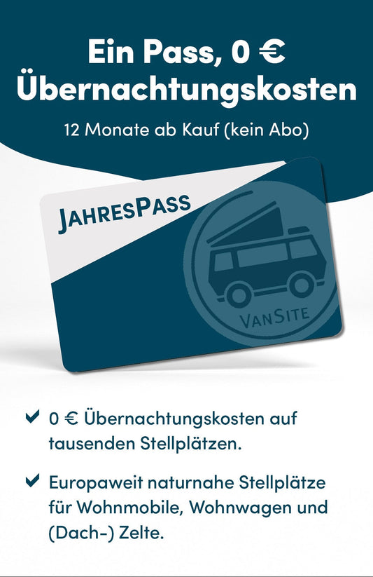 Jahrespass VanSite, 0 € Übernachtungskosten für Wohnmobil-Stellplätze, naturnah campen