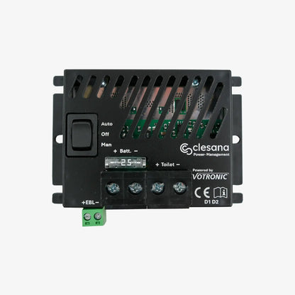 Clesana Power-Management device for efficient power management in toilets by Votronic, minimizing standby energy use.